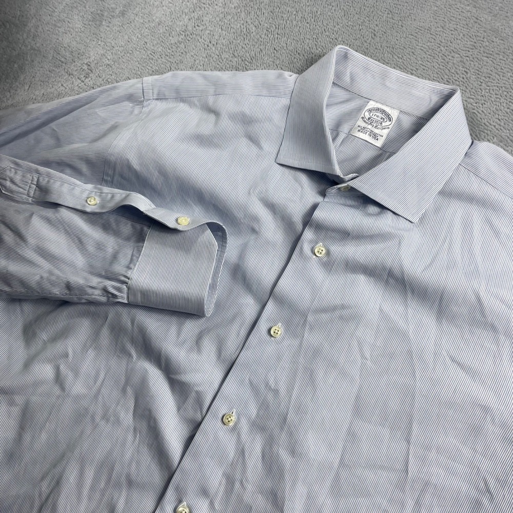 Brooks Brothers Makers Dress Shirt Mens 17.5 35 Blue Stripe Egyptian Cotton USA
